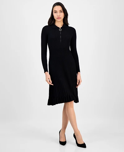 Robbie Bee Women's Spread-Collar Long-Sleeve Sweater Dress