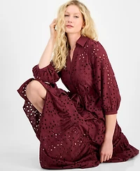 julia jordan Women's Eyelet Tie-Waist 3/4-Sleeve Midi Dress