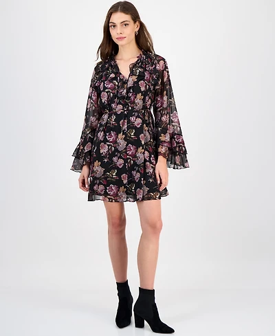 Sam Edelman Women's Flare-Sleeve Ruffled Dark Rose Mini Dress