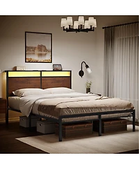 Hausource Vintage Full Size Bed Frame with Storage Led Headboard, No Box Spring Needed