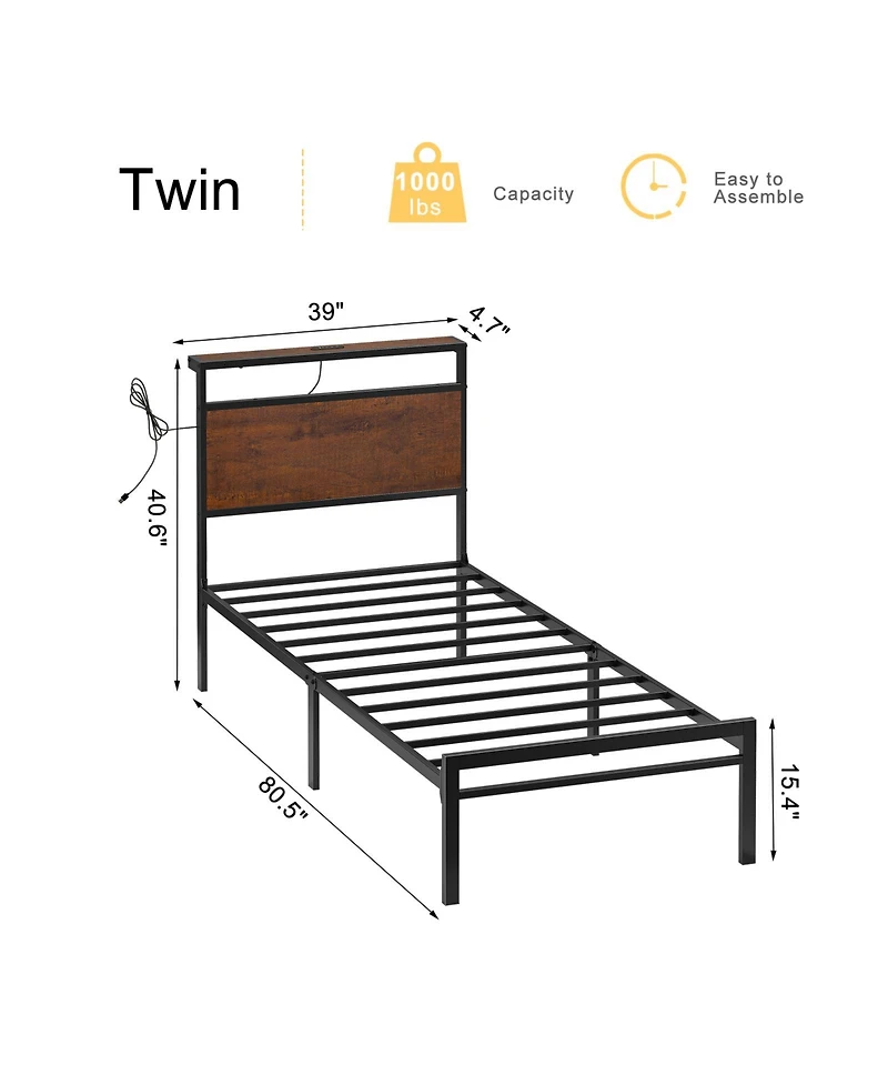 Hausource Industrial Twin Size Bed Frame with Storage Led Headboard, Charging Station, No Box Spring Needed