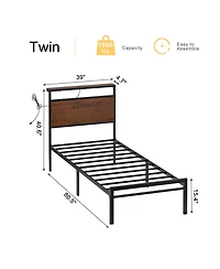 Hausource Industrial Twin Size Bed Frame with Storage Led Headboard, Charging Station, No Box Spring Needed