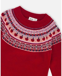 Deux par Big Girls Knit Dress Red with Apple Jacquard Yoke