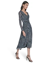 Eliza J Women's Long-Sleeve Printed-Mesh Midi Dress
