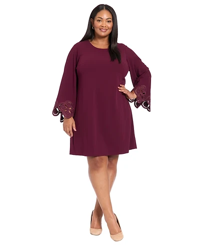 London Times Plus Size Lasercut Long Sleeve Swing Dress