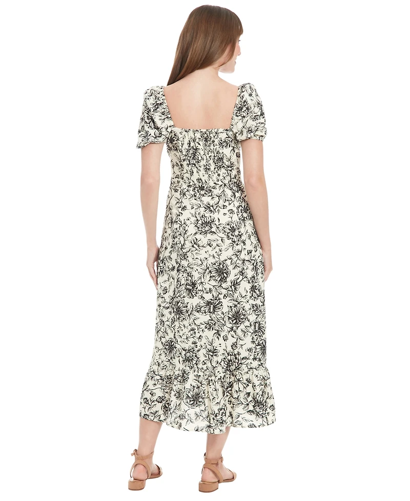 London Times Petite Floral-Print Puff-Sleeve Midi Dress