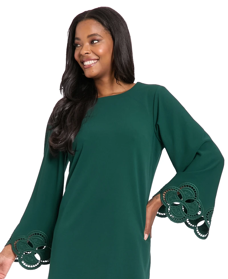 London Times Petite Scuba Laser-Cut Long-Sleeve A-Line Dress