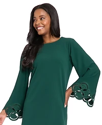 London Times Petite Scuba Laser-Cut Long-Sleeve A-Line Dress
