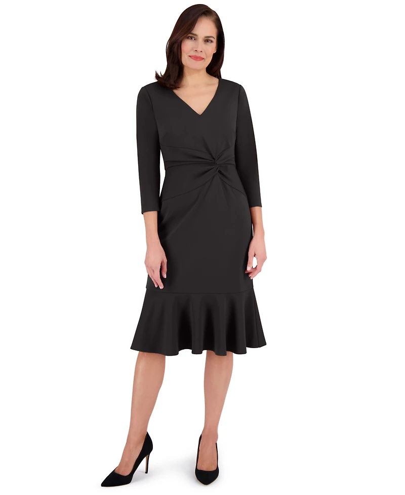London Times Petite Side-Knit 3/4-Sleeve Midi Dress