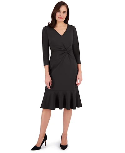 London Times Petite Side-Knit 3/4-Sleeve Midi Dress