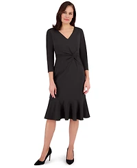 London Times Petite Side-Knit 3/4-Sleeve Midi Dress