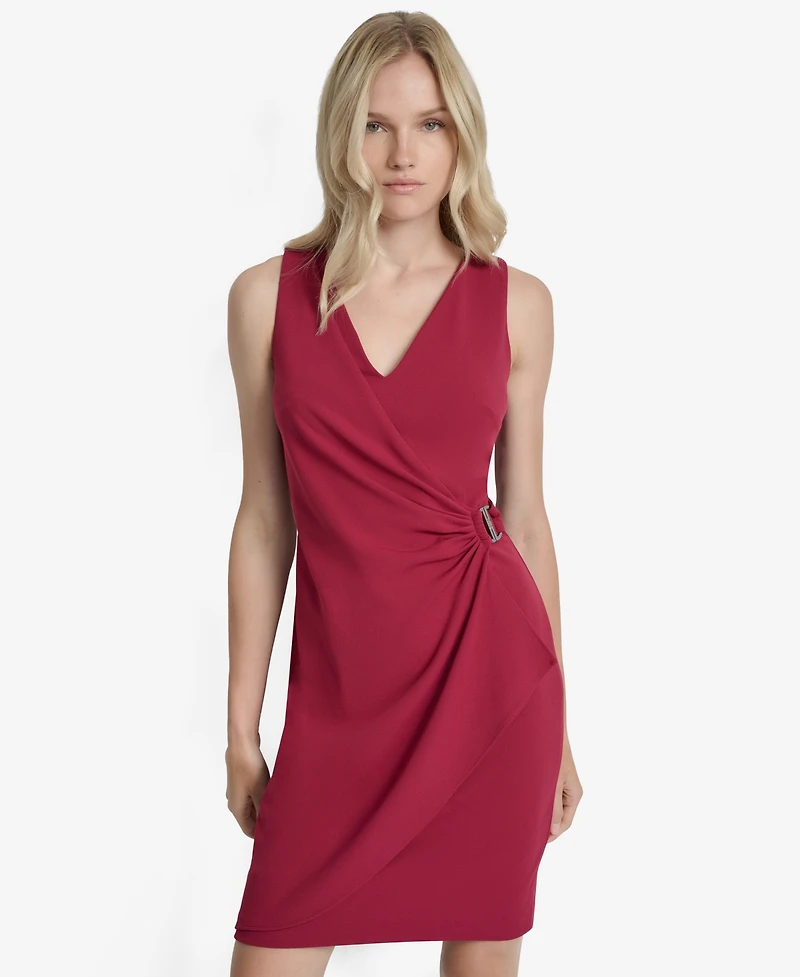Dkny Women's Side-Ruched Scuba-Crepe Sleeveless V-Neck Knee Length Dress