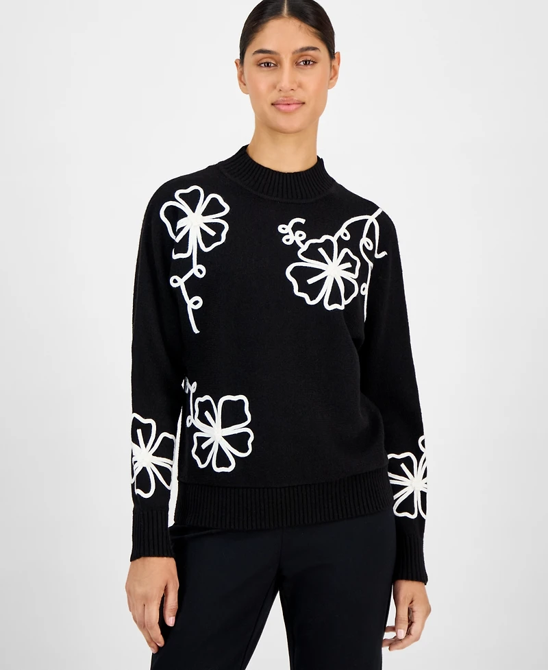 T Tahari Women's Mock Neck Floral Embroidered Sweater