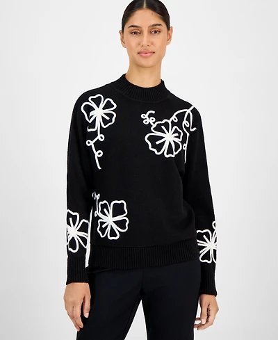 T Tahari Women's Mock Neck Floral Embroidered Sweater