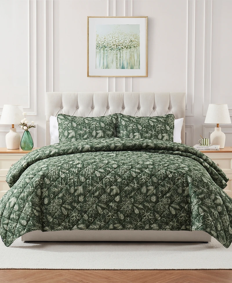 Seventh Studio Merry Botanical-Print Pinsonic Microfiber -Pc. Quilt Set