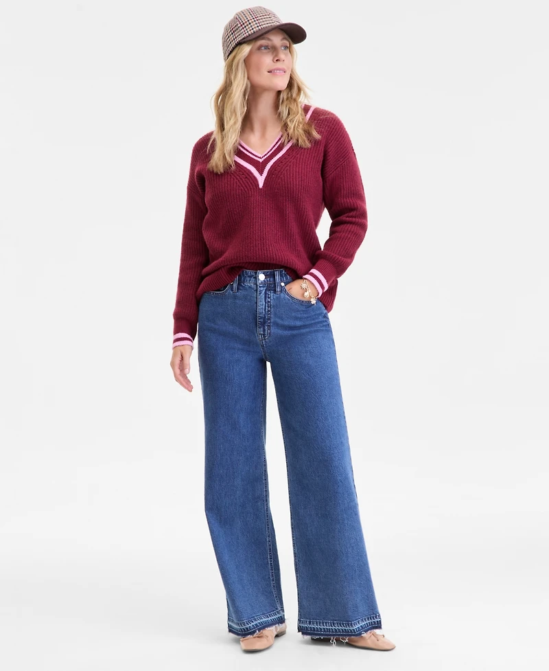 On 34th Women's Varsity Tipped V-Neck Sweater, Macy's Exclusive