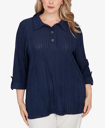 Hearts Of Palm Plus Solid Textured Hachi Henley Tunic Top