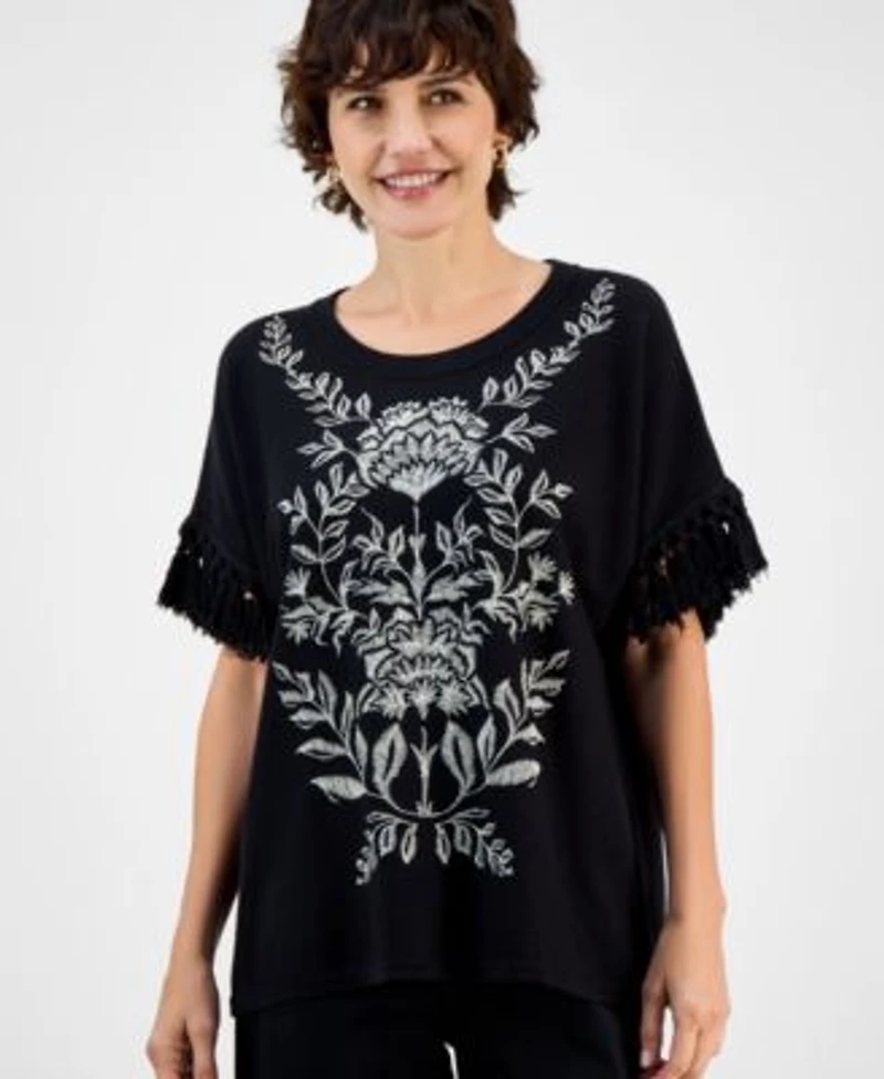 Jm Collection Womens Embroidered Fringe Trim Poncho Top High Rise Fringe Hem Capri Pants Macys Exclusive
