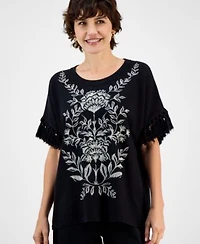 Jm Collection Womens Embroidered Fringe Trim Poncho Top High Rise Fringe Hem Capri Pants Macys Exclusive