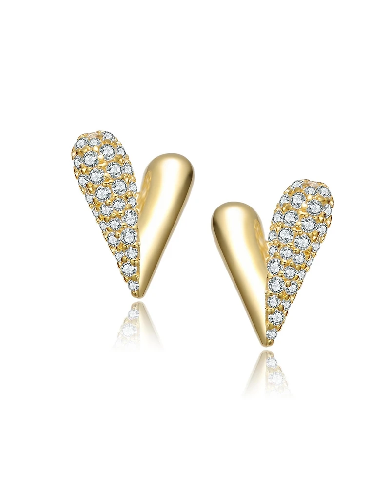 14K Gold Plated with Clear Cubic Zirconia Sleek Heart Stud Earrings