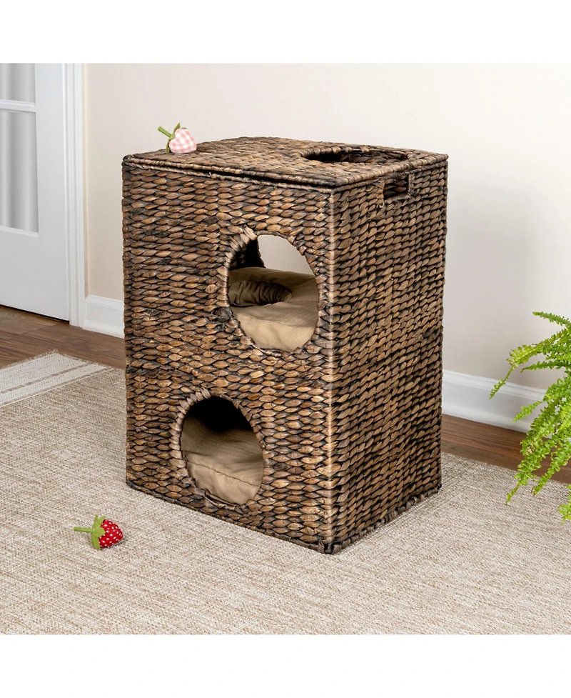 Jaxon 18" Modern Classic 2-Tier Handwoven Hyacinth Rectangular 5-Hole Pet Condo with 2 Machine-Washable Cushions