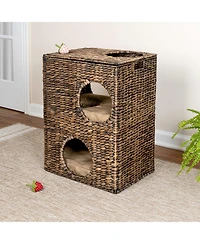 Jaxon 18" Modern Classic 2-Tier Handwoven Hyacinth Rectangular 5-Hole Pet Condo with 2 Machine-Washable Cushions