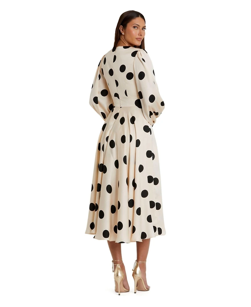 Mac Duggal Women's Polka Dot Charmeuse Long Sleeve V Neck Midi Dress