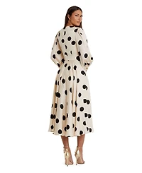 Mac Duggal Women's Polka Dot Charmeuse Long Sleeve V Neck Midi Dress