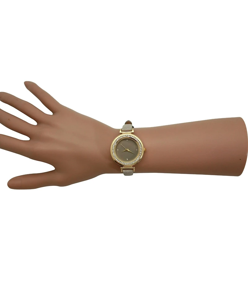 Olivia Pratt Taupe Thin Solid Color Strap and Rhinestones Women Watch