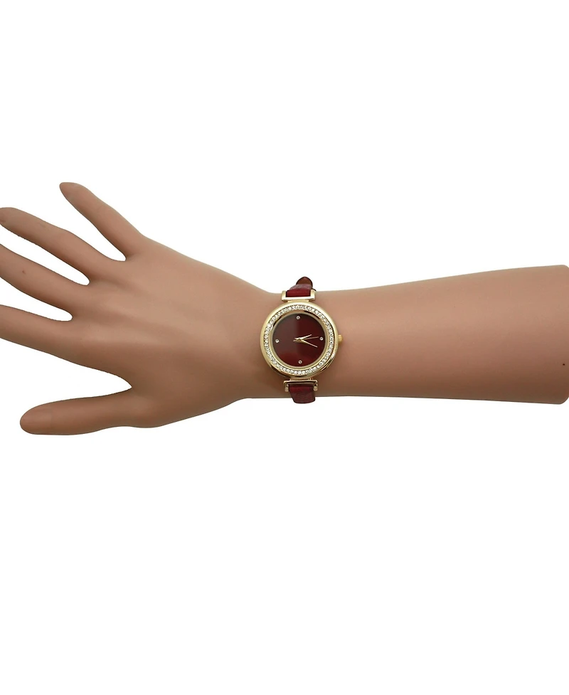 Olivia Pratt Burgundy Thin Solid Color Strap and Rhinestones Women Watch
