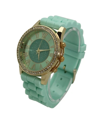 Mint Rhinestone Bezel Silicone Strap Watch