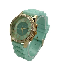 Mint Rhinestone Bezel Silicone Strap Watch