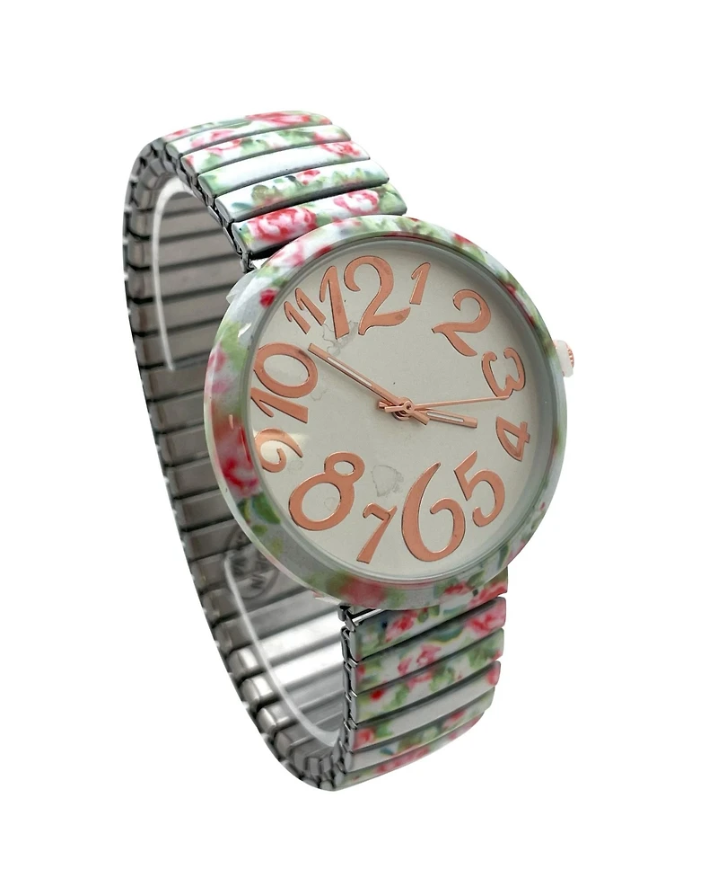 Olivia Pratt Mint Floral Big Dial Easy Reader Watch Floral Elastic Stretch Band Wristwatch Women Watch