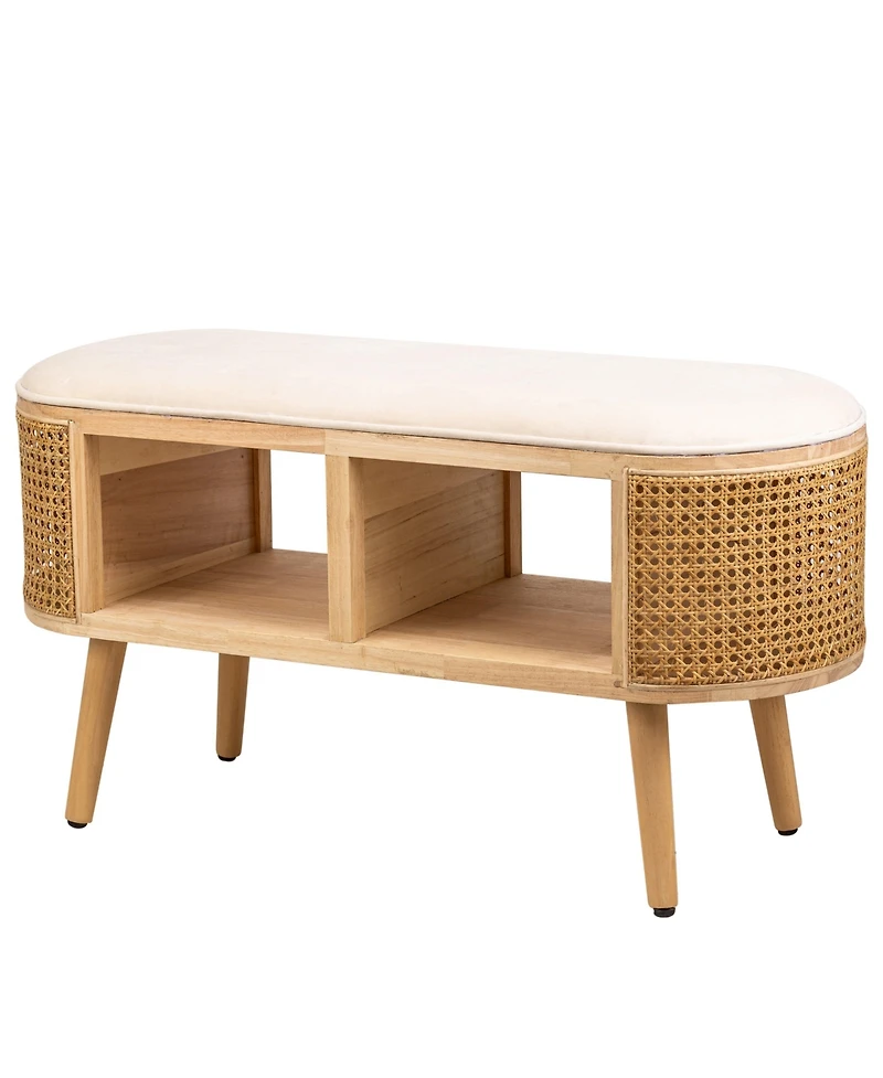 Nordlys - Beige Velvet and Rattan Storage Bench Exotic Boho Upholstery Entry