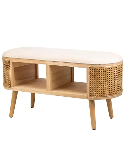 Nordlys - Beige Velvet and Rattan Storage Bench Exotic Boho Upholstery Entry