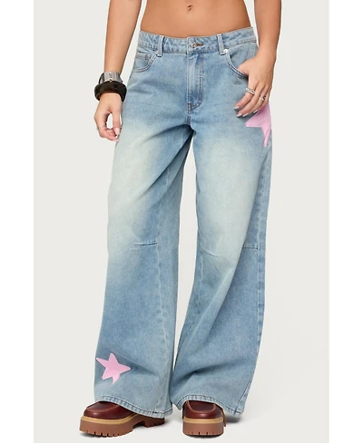 Edikted Women's Trish Satin Effect Stars Low Rise Jeans