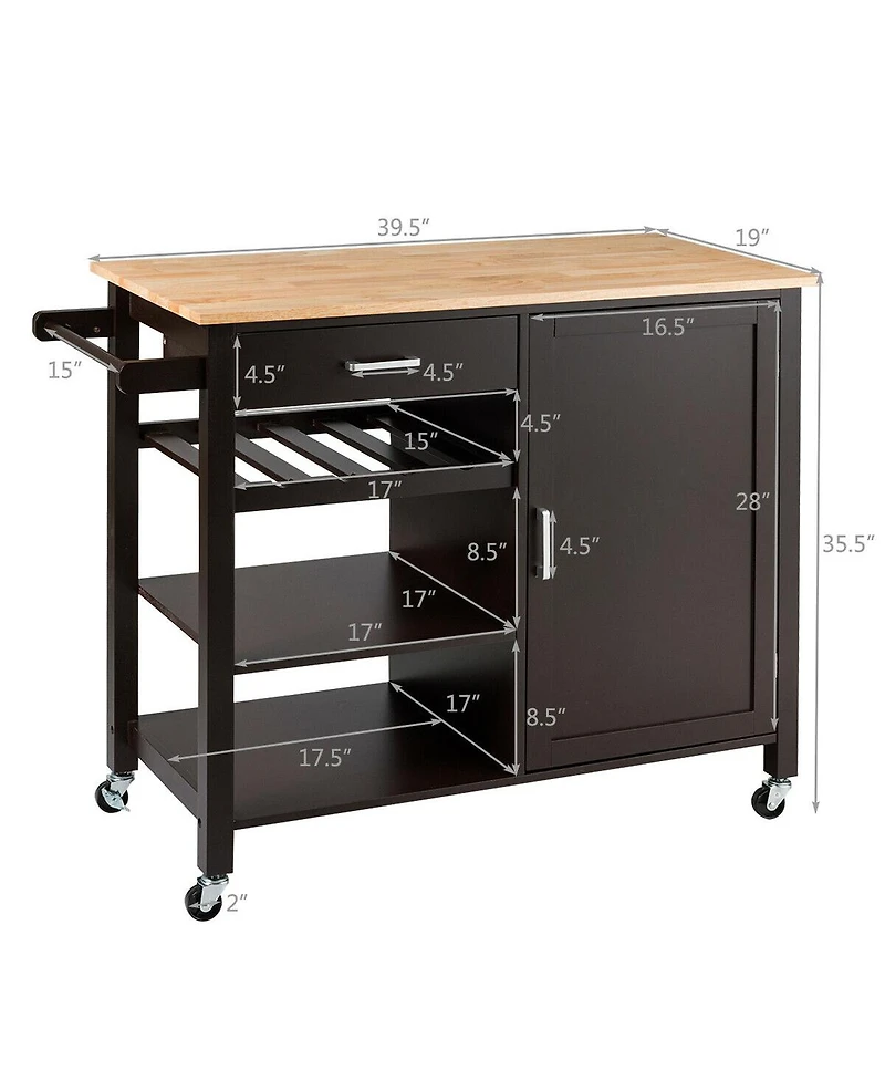 Gymax 4-Tier Wood Kitchen Island Trolley Cart Storage Cabinet w/ Wine Rack & Drawer