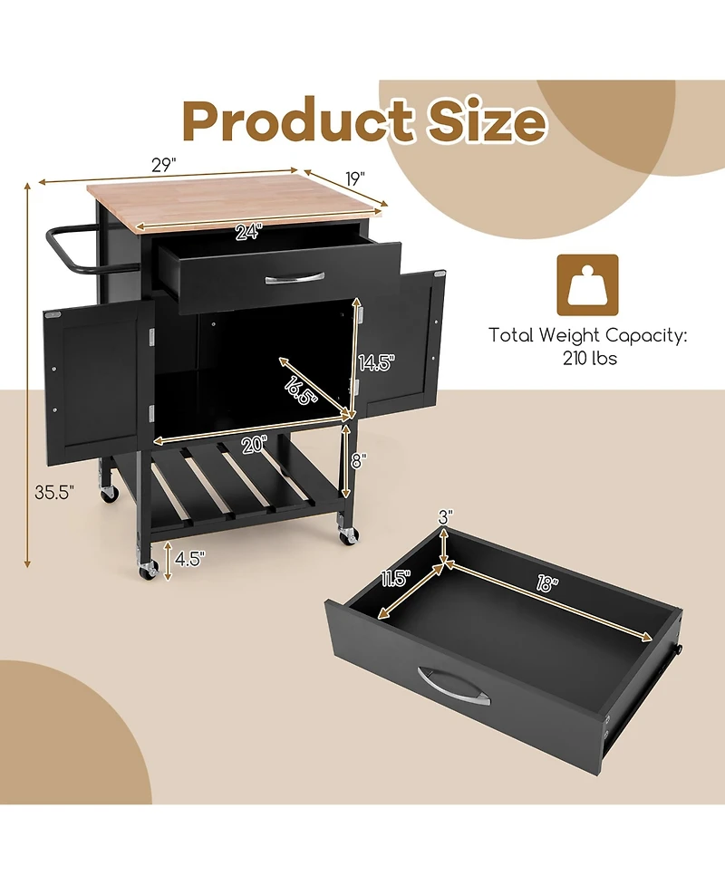 Gymax Rolling Kitchen Island Cart w/ Drawer 2-Door Storage Cabinet Bottom Tray