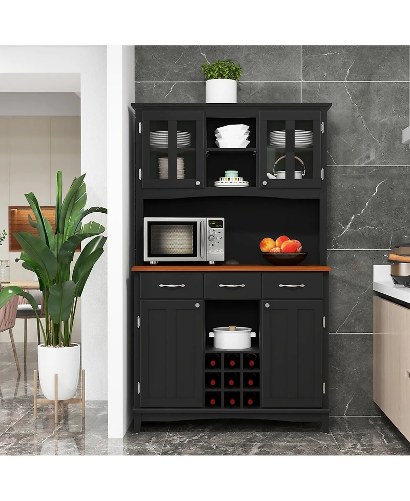 Gymax Buffet And Hutch Kitchen Storage Cabinet Cupboard w/ Wine Rack & Drawers Black