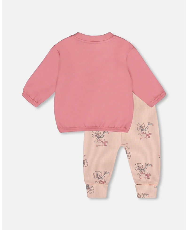 Deux par Baby Girl Cotton Pant with Top Set Pink Cat Print