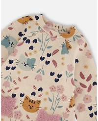 Deux par Big Girls Glittering French Terry Dress Beige Printed Cat