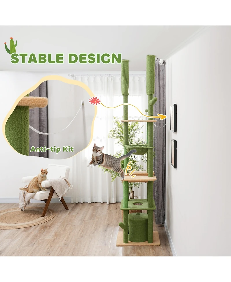 PawHut 89"-100" Floor to Ceiling Cat Tree w/ Grooming Brush Post,