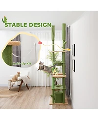 PawHut 89"-100" Floor to Ceiling Cat Tree w/ Grooming Brush Post,