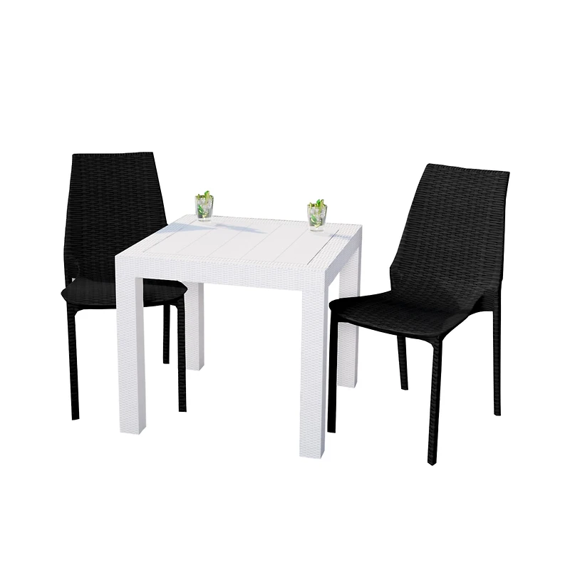 LeisureMod Kent Outdoor White Table With 2 Black Chairs Dining Set