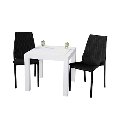 LeisureMod Kent Outdoor White Table With 2 Black Chairs Dining Set
