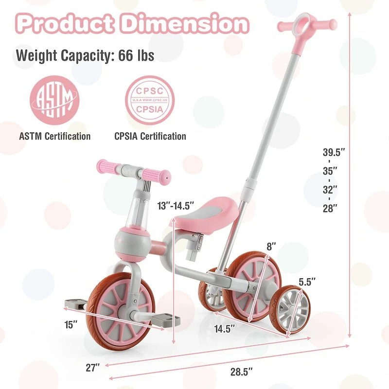 4-in-1 Kids Trike Bike with Adjustable Parent Push Handle and Seat Height - Pink
