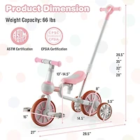 4-in-1 Kids Trike Bike with Adjustable Parent Push Handle and Seat Height - Pink