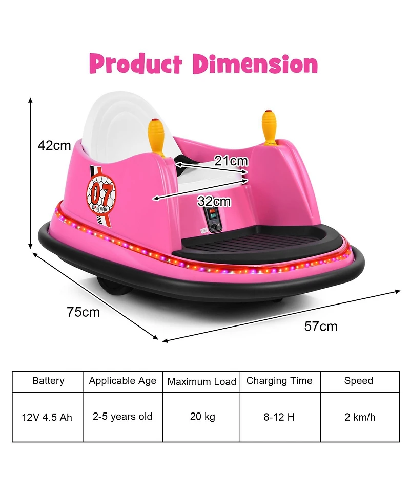 12V Electric Kids Ride-On Bumper Car with Flashing Lights for Toddlers - Pink