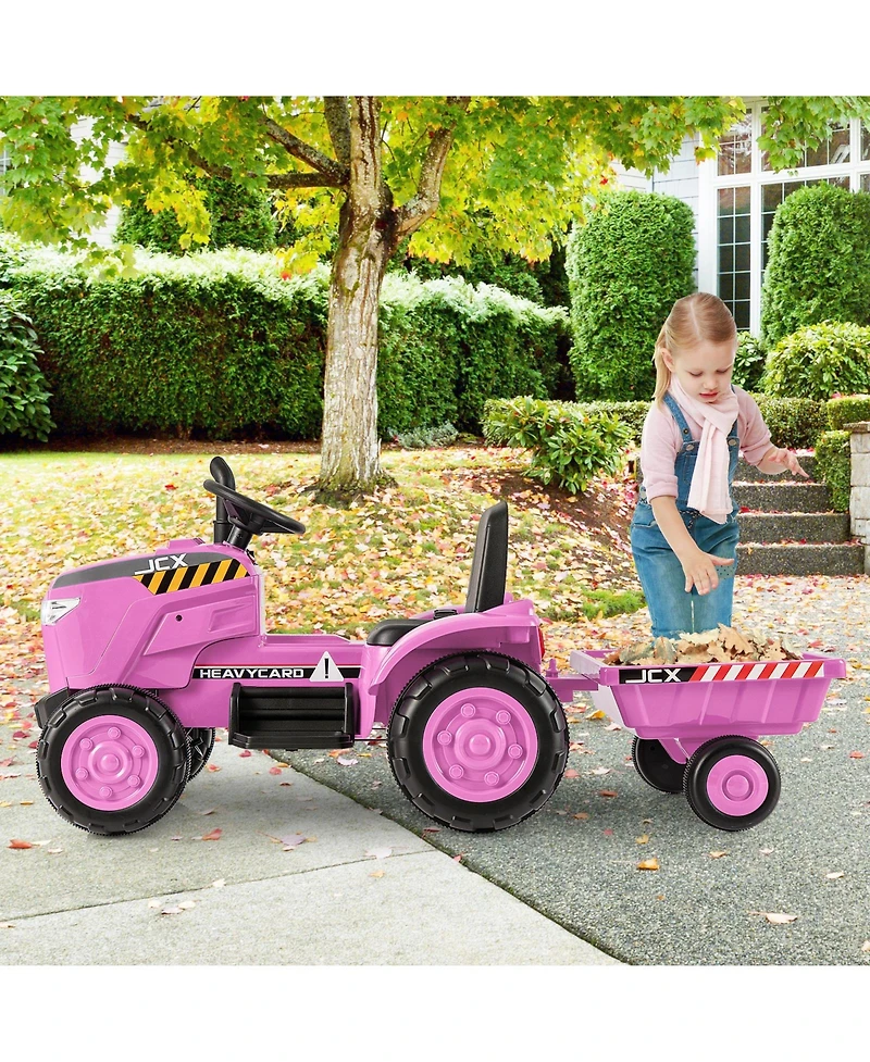 12V Kids Ride-On Tractor with Trailer and Remote Control - Pink