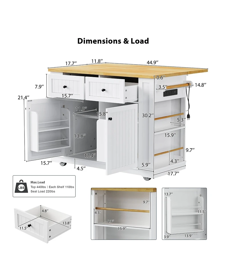 Casainc 48" Rolling Kitchen Island with Drop Leaf, Power Outlet, Internal Rack, 5 Side Racks, 5 Wheels (No Stools)